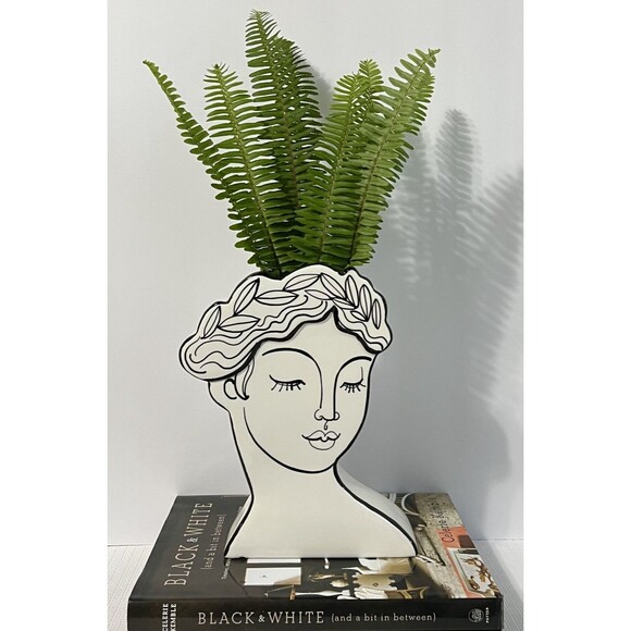 Elegant Head Ceramic Vase Planter Bridgerton Victorian Bust Black and White - Picture 1 of 17